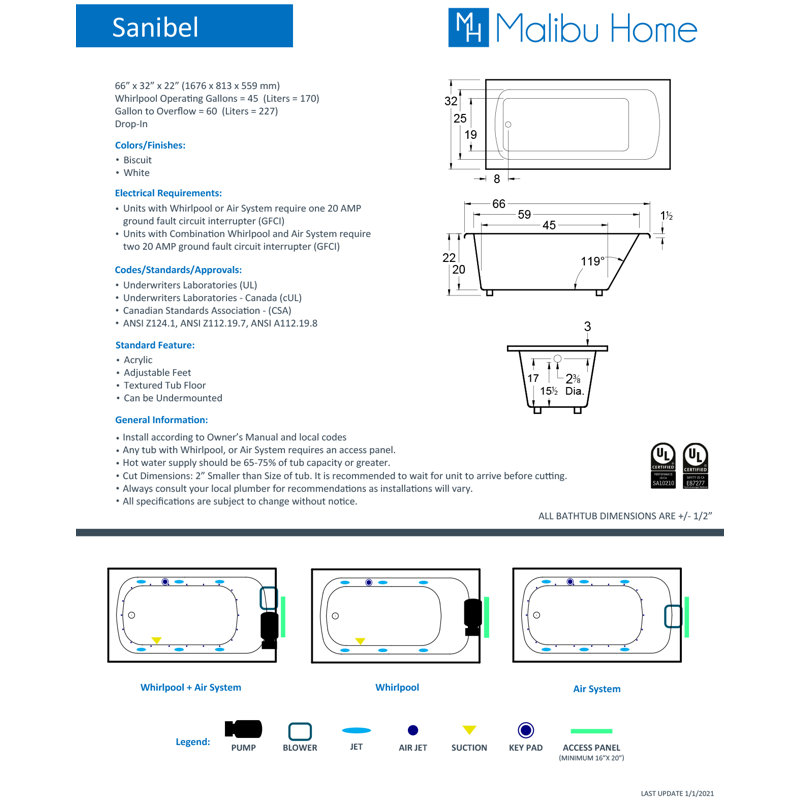 Sanibel 66" x 32" Drop In Combination Acrylic Bathtub, White