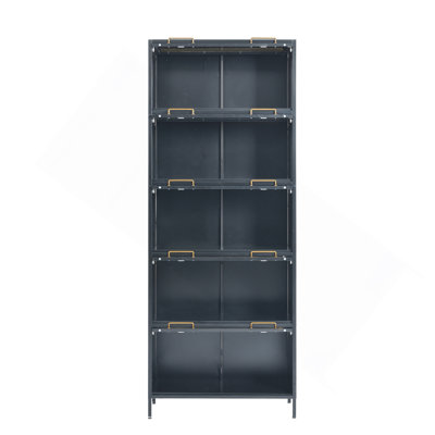 78.75'' Tall Iron Display Cabinet With Glass Doors, 5-Tier Steel Barister Bookcase With LED Lights For Collectibles, Modern Style Curio Cabinet For Home Living Room Office Study & Playroom - Black