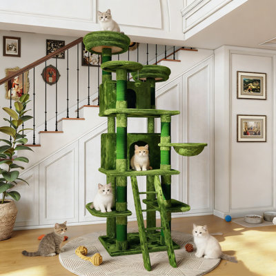 Arbre à chat à plusieurs niveaux avec 2 condos privés, 3 perchoirs, hamac suspendu, poteaux à griffer en sisal naturel, peluche courte et douce pour la peau, structure stable pour les foyers multi-chats