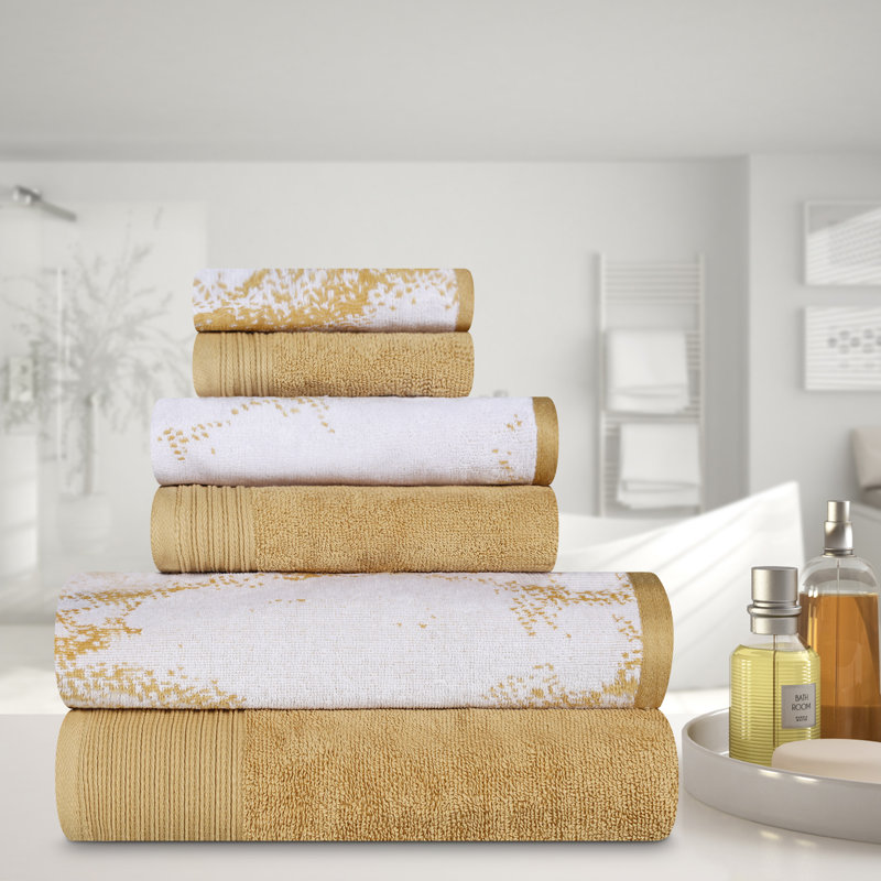 Kreager 500 GSM 100% Cotton Quick-Drying 6 Piece Marble & Solid Assorted Towel Set, 6 Piece Towel Set, Bronze 