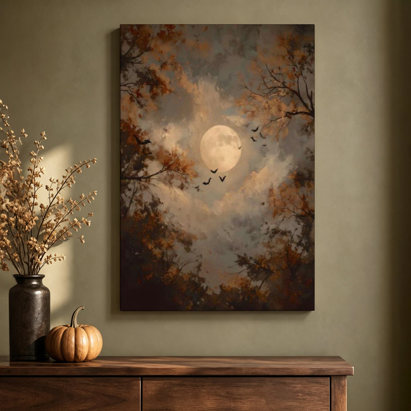 Tableau sur toile tendue « Pleine lune, arbres d'automne et chauves-souris », 61 x 91 cm, prêt à accrocher