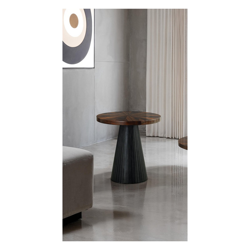 Table de bout contemporaine noire avec plateau à motif de parquet et base cylindrique en forme de roseau - cube de 22 pouces