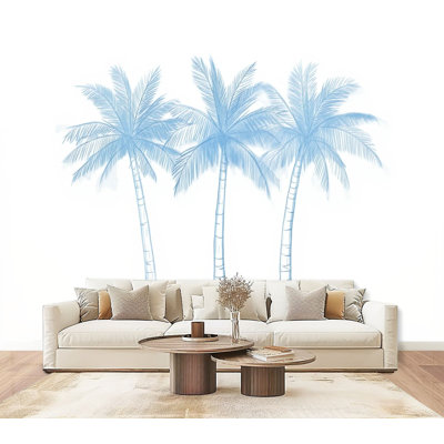 Papier peint adhésif de style bord de mer, palmiers bleus minimalistes, art mural botanique tropical, H 69 po x l 96 po, papier peint amovible en PVC, adhésif pour chambre à coucher, bureau à domicile