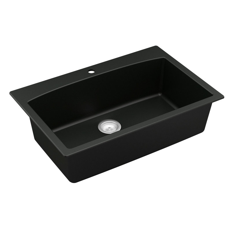 Karran Quartz 33'' X 22'' Single Bowl Top Mount Drop-in Kitchen Sink Kit, Black