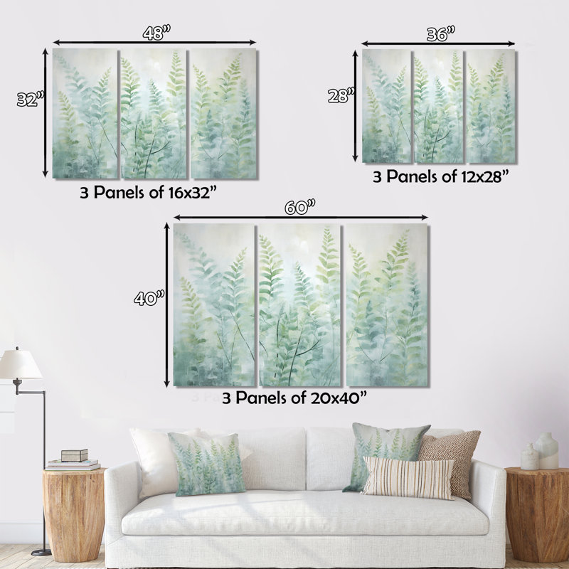 Fougères vertes vertes et blanches I sur toile, 3 pièces, H 28 po x l 36 po x P 1 po