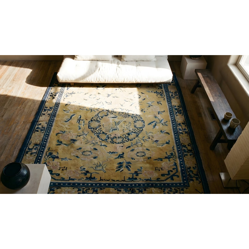Early 19th Century Floral Antique Yellow Chinese Ningxia Rug