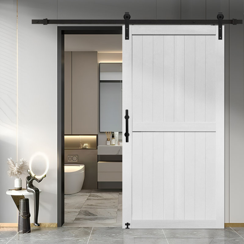 Ensemble de quincaillerie de porte de grange en panneau de fibres à densité moyenne avec porte coulissante recouverte d'une surface en PVC imperméable