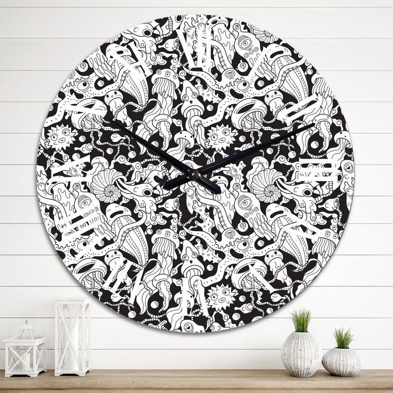 Deep Sea Monsters in Black and White - Patterned Wall Clock, Medium