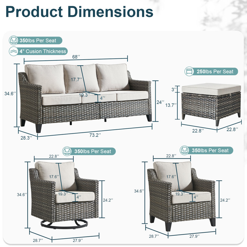 Arlene 7-9 Person Outdoor Courtyard Wicker Family Conversation Set Group With Swivel Chairs, Beige
