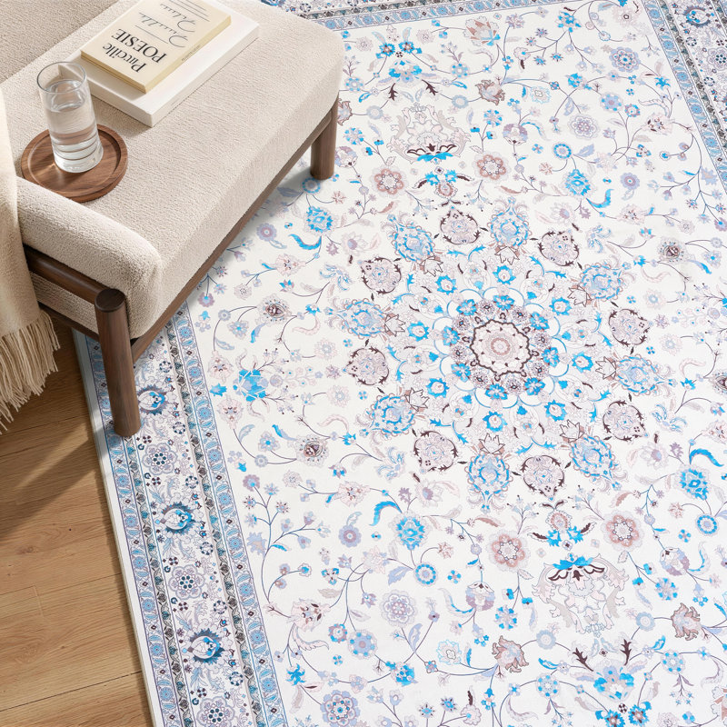 Tapis de sol vintage bleu à motif floral médaillon, lavable à la machine et antidérapant, Rectangulaire 8 pi x 10 pi