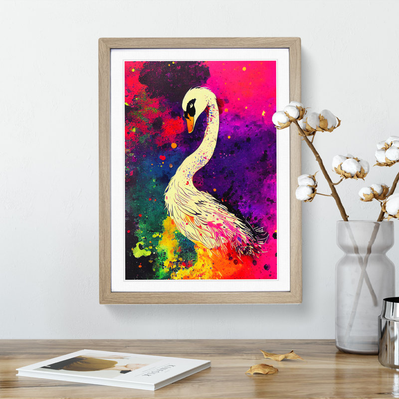 Swan Paint Splash - Framed Print, 46cm H x 34cm W x 2cm D, Oak Framed