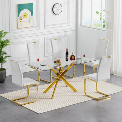 Glass Dining Table Set, Modern Glass Kitchen Table and Chairs, Dining Room Table Set with 51" Glass Dinner Table & Faux Leather Chairs for Small Space,Home, Apartment