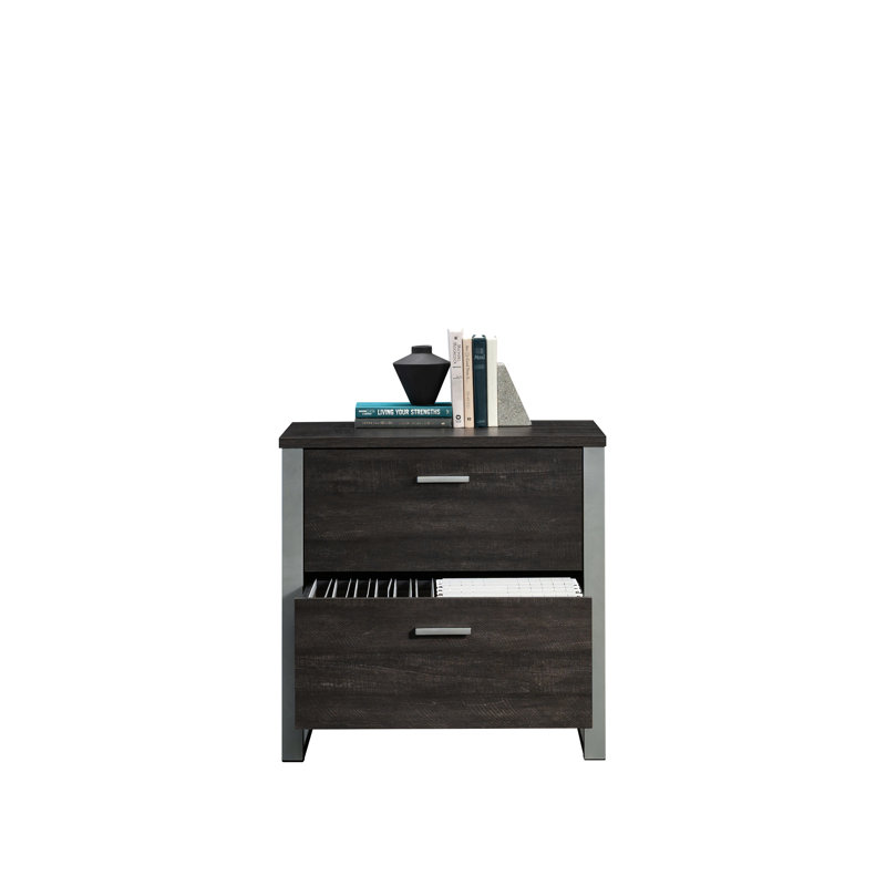 Classeur latéral contemporain brun foncé 2 avec finition complète, serrure, armoire compacte pour installation de bureau personnel, glissières pleine extension, structure argentée, système, assemblage rapide