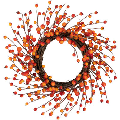Couronne orange, rouge, baies et brindilles, 14 pouces, non éclairée