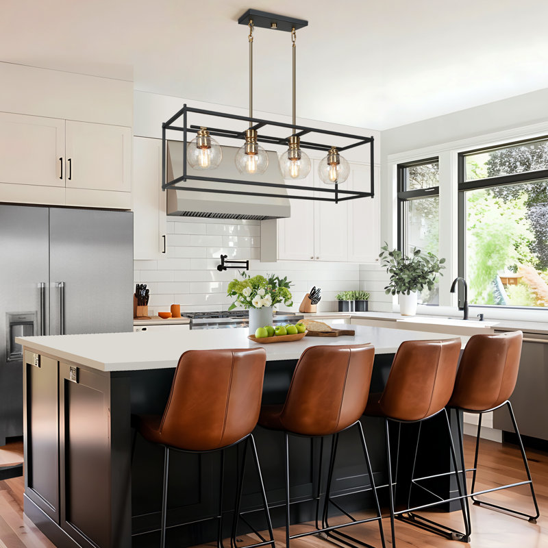 Luminaire suspendu linéaire à 4 lumières pour îlot de cuisine noir mat Mariello, Noir et or