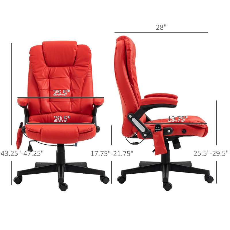 Chaise d'ordinateur inclinable chauffante avec 6 points de vibration, Rouge, 25.5"
