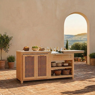 Îlot de cuisine extérieure Trunnell avec meuble en bois d'eucalyptus et comptoir coulissant en Superstone