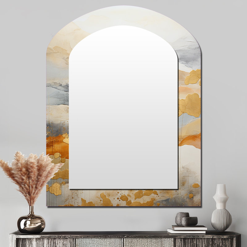 Beige And Gold Minimal Expression II - Abstract Shapes Arch Decorative Mirror, Modern Asymmetrical Wall Mirror, Printed Metal Art