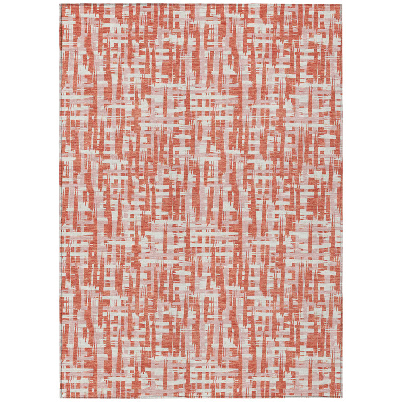 Coral and White Synthetic Washable Rectangular Rug