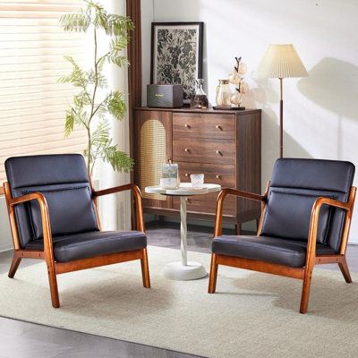 Set Of 2 Accent Chair Upholstered Mid Century Modern Armchair, Faux Leather Lounge Side Chair With Wood Frame, Reading Chair For Living Room Bedroom