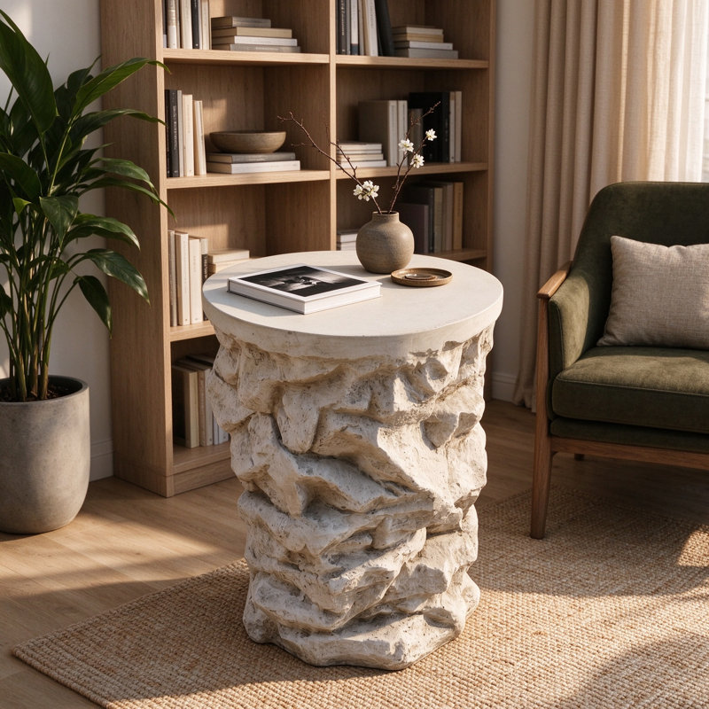 Table d'appoint ronde beige en imitation pierre empilée MGO, table d'appoint préassemblée, tabouret rustique en pierre pour l'intérieur et l'extérieur, idéal pour terrasse, balcon et salon.