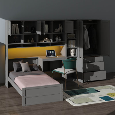 Twin-Sized Platform Bed With Integrated Built-In Desk, Storage Drawers, Cabinets & Wardrobe, All-Inclusive Wood Platform Bed Featuring LED Lighting