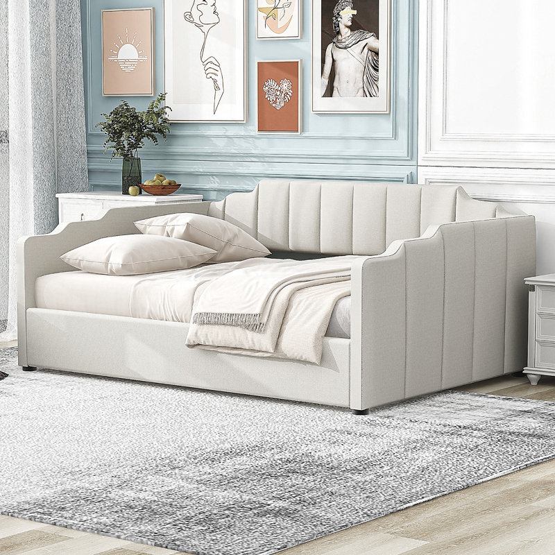 Upholstered Daybed With Underneath Storage,Full Size, Beige