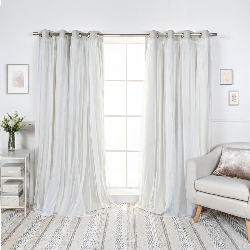 Fortuna Brockham Solid Tulle Overlay Room Darkening Grommet Curtain Panels, Biscuit, 52" W x 96" L