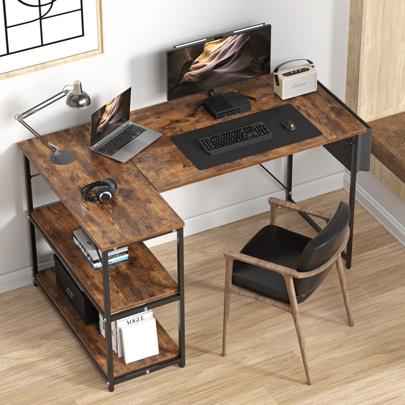 Besender L-Shaped Metal Base Writing Desk, Coffee/Black