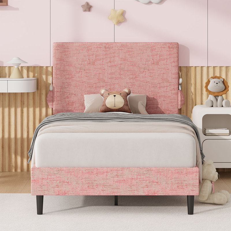 Structure de lit plateforme en chenille avec tête de lit tapissier, Rose