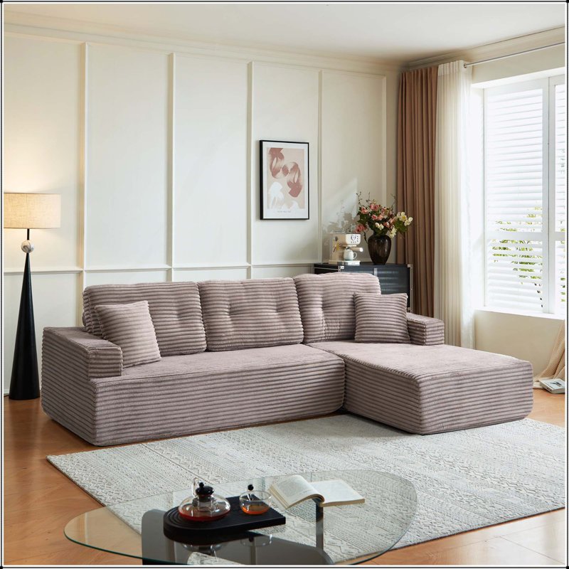 Méridienne modulaire en forme de L avec canapé confortable en velours côtelé faisant face à gauche, se déplie en un lit pour une vie minimaliste moderne