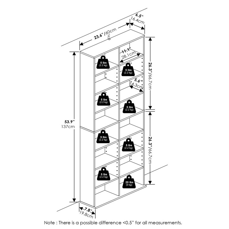 16-Shelf Multimedia Media Storage Tower Rack with Adjustable Shelves, White