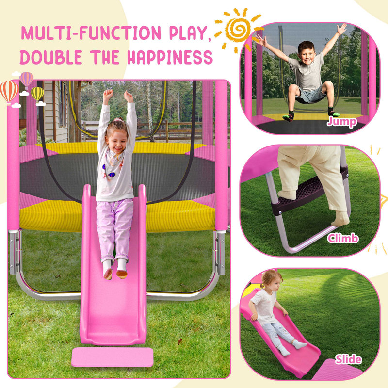 Trampoline pour enfants avec filet d'enclos de sécurité, glissade et échelle, assemblage facile, trampoline récréatif d'extérieur régulier