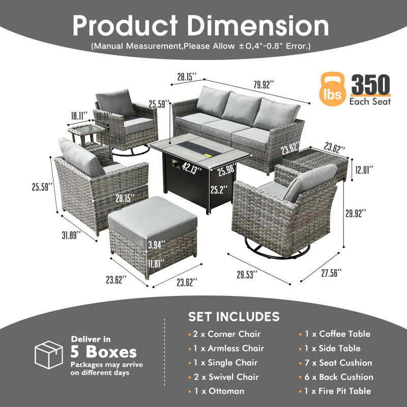 Maurey 7 - Person Patio Conversation Set with Cushions, Gray
