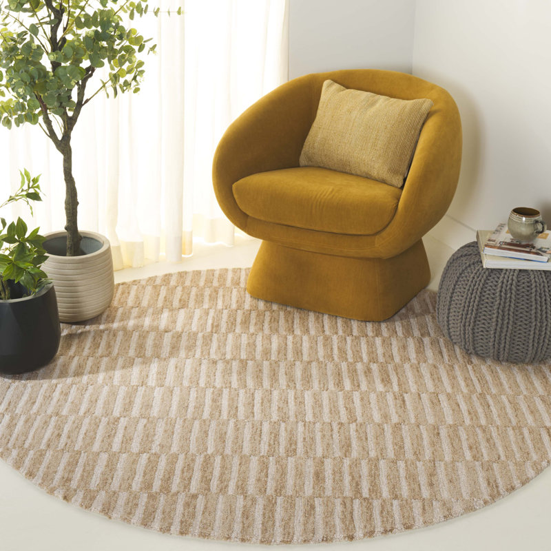 Manzella Ebony Hand Tufted Wool Cotton Striped Rug in Beige/Brown, Round 6'