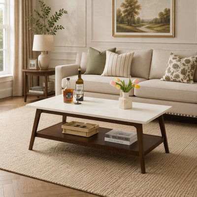 Solid Rubber Wood Coffee Table, Mid Century Modern Two-Tone Rectangular Wooden Cocktail Table with Lower Storage Shelf, White Tabletop & Walnut Finish
