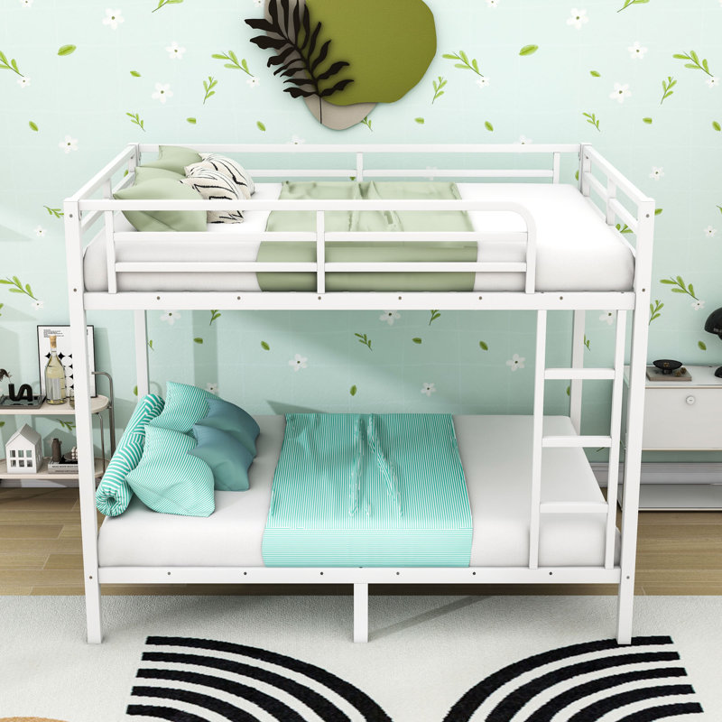Metal Bunk Bed With Guardrails And Ladder, White, Full