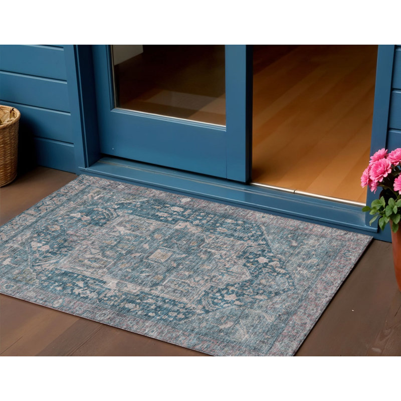 3' X 5' Blue Medallion Washable Indoor Outdoor Area Rug