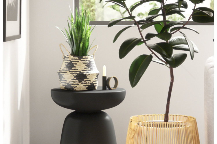 Sleek black end-table paired with a patterned planter.