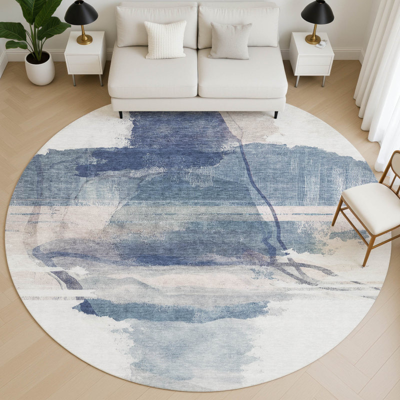 Premium Machine Washable Mayfield Abstract Rug, Blue, 8' Round