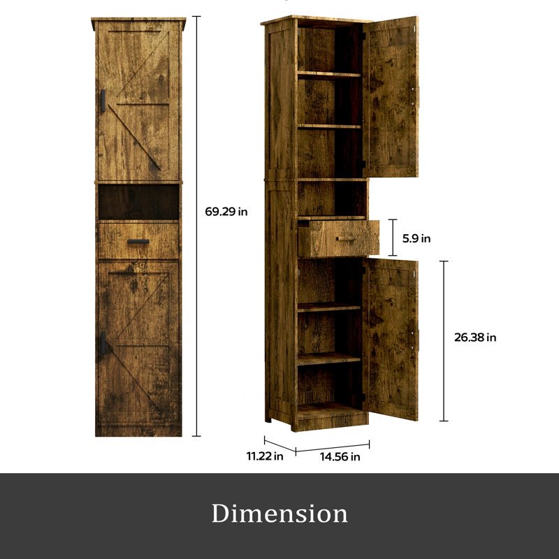 Armoire de rangement de 69 po de hauteur avec 2 portes de grange et 1 tiroir, unité de rangement étroite, tablettes réglables, armoire de plancher pour la salle de bain, le salon, le vestibule, la cuisine
