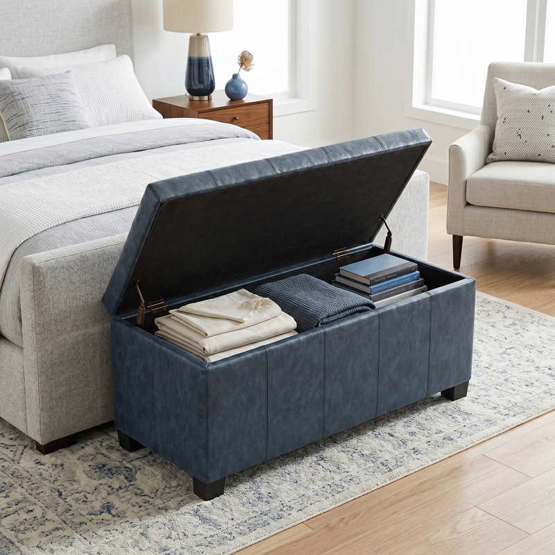 Repose-pieds rectangulaire avec rangement relevable Dover, Similicuir bleu denim