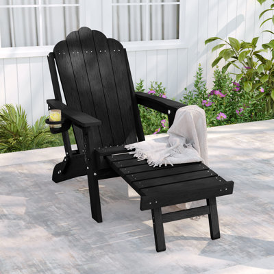 All-Weather HDPE Adirondack Chair with Ottoman, 3-Position Adjustable & Folding Fire Pit Chair with Cup Holder for Lawn, Deck, Poolside