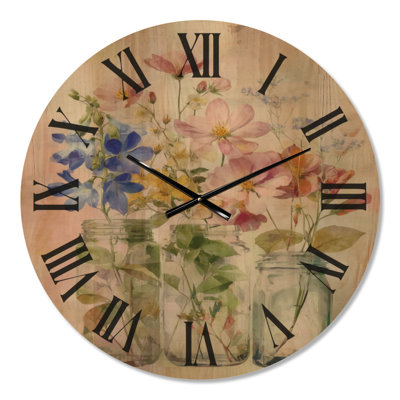 Grande horloge murale en bois botanique - Bouquets de fleurs sauvages assortis maison de campagne