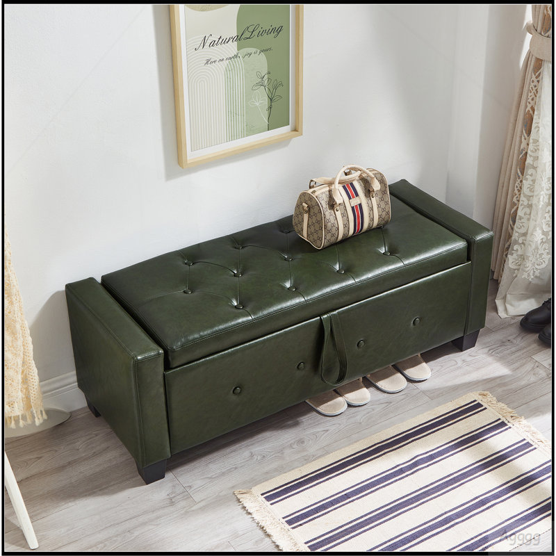 Banc avec repose-pieds 48 po avec rangement, banc pour chambre à coucher, salon, couloir, repose-pieds capitonné en similicuir PU vert foncé