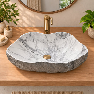 19" Oval Solid Surface Vessel Bathroom Sink with Chiseled Stone Exterior in Grey and Speckled White