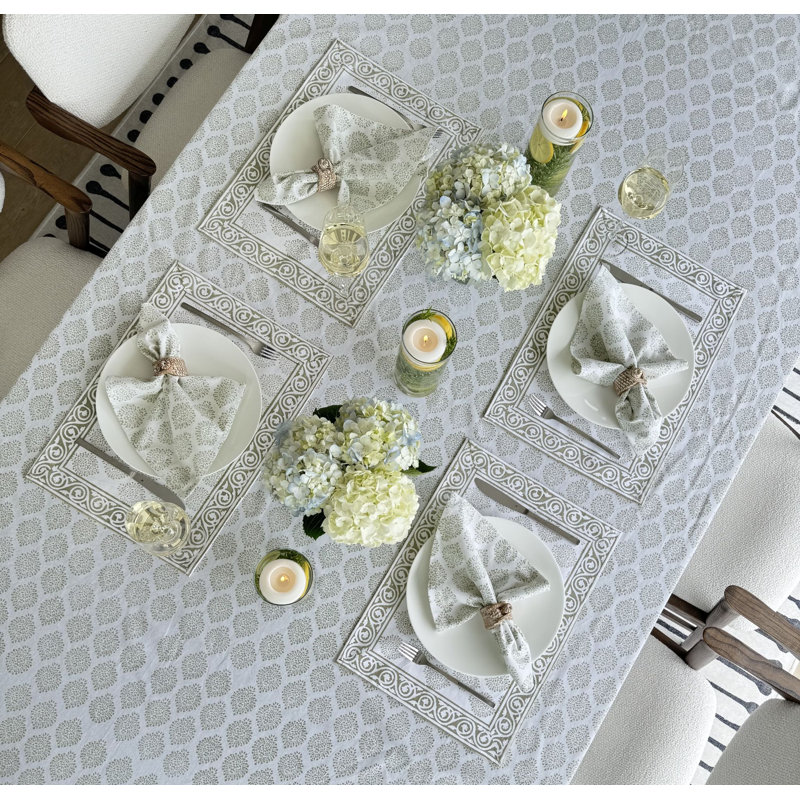 Hand Block Print Tablecloth, Light Green, 90" L x 70" W