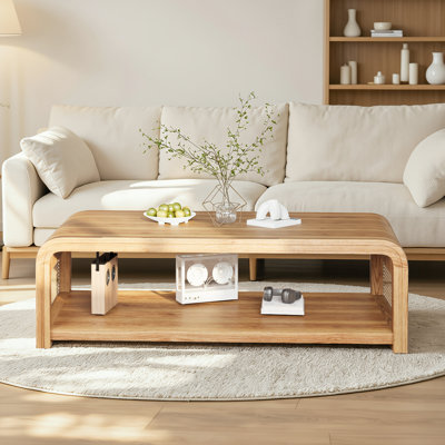 Table basse rectangulaire incurvée à 2 niveaux avec rangement et côtés en rotin, style campagnard