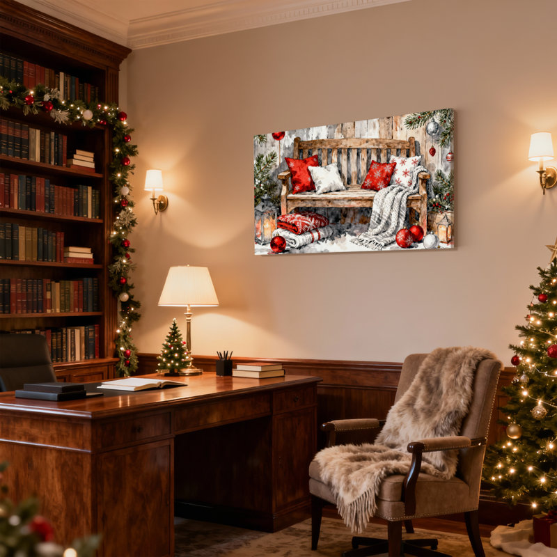 Ensemble de 3 impressions sur toile, banc de Noël avec coussins et ornements, H 12 po x l 18 po