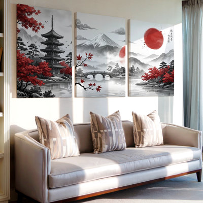 3 Pieces Japanese Landscape Large Wall Art with Red Sun, Three Pieces Wall Art for Living Room, Bedroom, and Office Decor, Ready to Hang, Framed Look